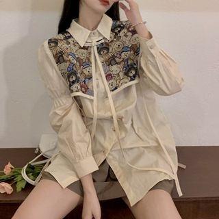 Puff-sleeve Shirtdress / Bear Print Shawl