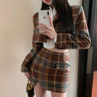 Plaid Cropped Blazer / Mini Pencil Skirt / Shirt