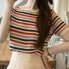 Short-sleeve Striped Knit Top / Pleated Skirt