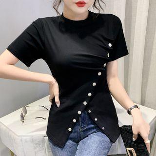 Short-sleeve Button-accent Irregular T-shirt