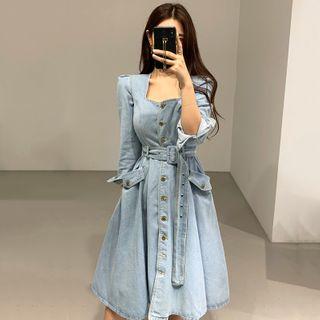 Long-sleeve Denim A-line Dress Blue - One Size