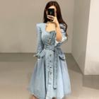 Long-sleeve Denim A-line Dress Blue - One Size