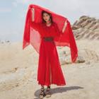 Long-sleeve Tassel Midi A-line Dress / Slipdress / Belt / Shawl / Set