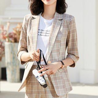 Elbow-sleeve Plaid Blazer / Plaid Straight-cut Shorts