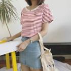 Short-sleeve Striped Notch-neck T-shirt