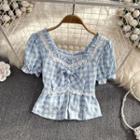 Puff Sleeve Floral Check Crop Blouse