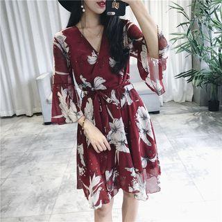 Bell-sleeve Floral Chiffon Surplice Wrap Dress