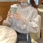 Bell-sleeve Lace Panel Striped Blouse