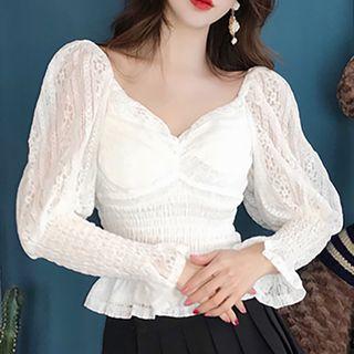 V-neck Long-sleeve Lace Top White - One Size