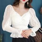 V-neck Long-sleeve Lace Top White - One Size