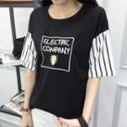 Light Bulb Embroidered Striped Panel Short Sleeve T-shirt