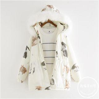 Rabbit Print Detachable Hood Coat