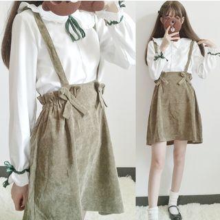 Bow Long-sleeve Blouse / Suspender Mini Skirt
