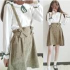 Bow Long-sleeve Blouse / Suspender Mini Skirt