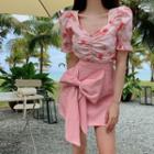 Puff-sleeve Floral Print Blouse / Tie-front A-line Skirt