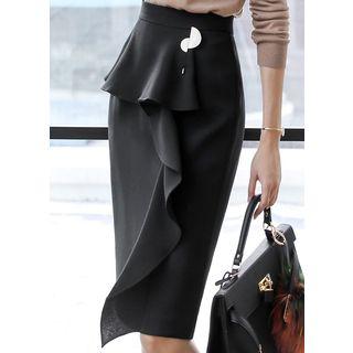 Ruffle-trim Midi Skirt With Brooch