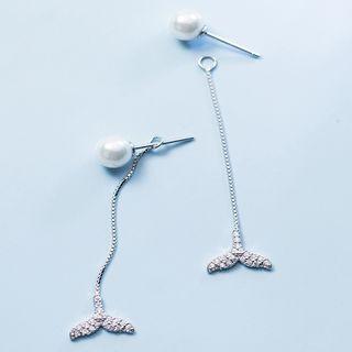 925 Sterling Silver Faux Pearl Rhinestone Whale Tail Dangle Earring White Faux Pearl - Silver - One Size
