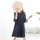 Elbow-sleeve Ruched-front Dress