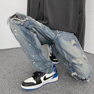 Paisley Print Panel Distressed Wide Leg Jeans