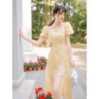 Puff-sleeve Floral Chiffon Slit-hem A-line Midi Dress