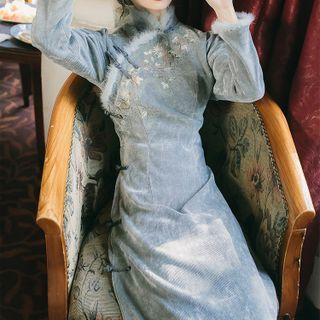 Set: Long-sleeve Floral Embroidered Qipao + Midi A-line Skirt