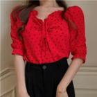 Balloon-sleeve Dotted Blouse Red - One Size
