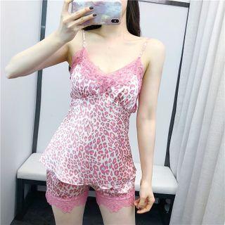 Loungewear Set : Lace Trim Leopard Print Camisole Top + Shorts