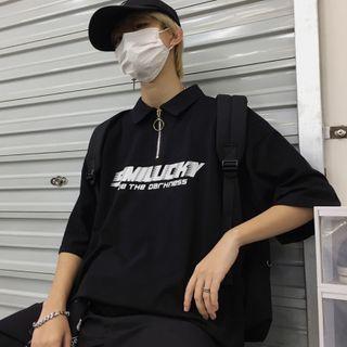 Elbow-sleeve Polo-neck Letter Print T-shirt