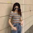 Short-sleeve Striped Ribbed Knit Top Stripe - Multicolor - One Size
