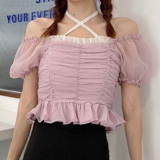 Ruffle Hem Lantern-sleeve Blouse