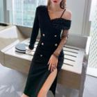 Cold-shoulder Double-breasted Midi A-line Dress
