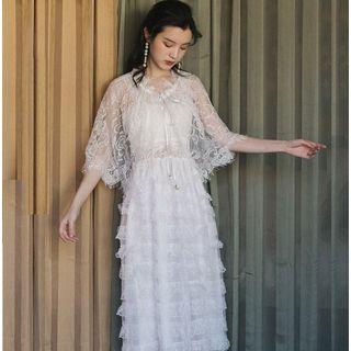 Set: Sleeveless A-line Midi Lace Dress + Light Jacket