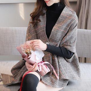 Buttoned Plaid Shawl Gray - One Size