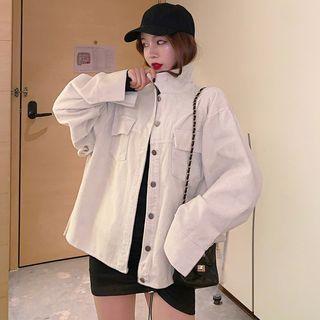 Oversize Plain Corduroy Cardigan / Long-sleeve Drawstring Dress