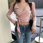 Long-sleeve V-neck Tie Waist Cropped Top