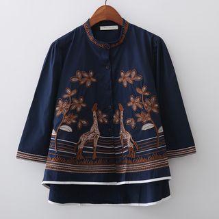 Embroidered 3/4 Sleeve Band Collar Shirt