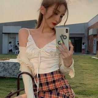 Plain Cardigan / Camisole Top / Plaid Mini Skirt