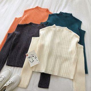 Plain Off-shoulder Long-sleeve Rib Knit Sweater
