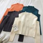 Plain Off-shoulder Long-sleeve Rib Knit Sweater