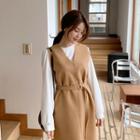 V-neck Midi Pinafore Dress With Belt Camel - One Size