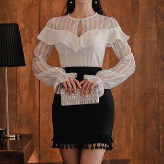 Set: Mesh Panel Ruffle Blouse + Tassel Pencil Skirt