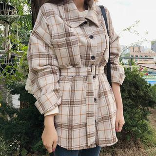 Pocket-front Plaid Jacket With Belt