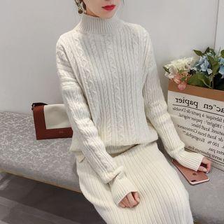 Set: Cable-knit High Neck Sweater + Midi Knit Skirt