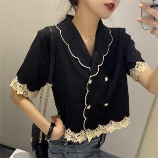 Short-sleeve Lace Panel Frill Trim Blouse Black - One Size