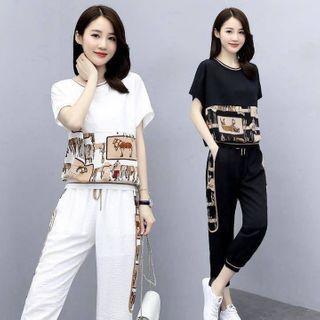 Set: Horse Print Short-sleeve Blouse + Cropped Harem Pants