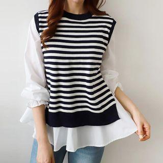 Set: Sleeveless Stripe Knit Top + Ruffle-hem Blouse