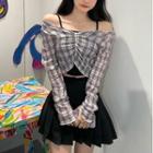 Long-sleeve Off-shoulder Plaid Twist-front Crop Top / Pleated Mini A-line Skirt