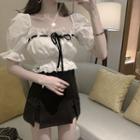 Square-neck Puff-sleeve Blouse / High-waist Shorts