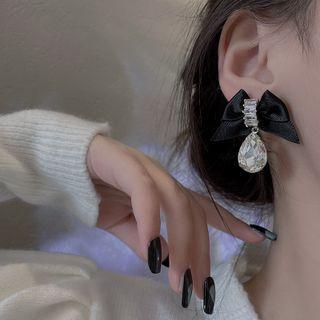 Bow Fabric Rhinestone Dangle Earring E4448 - 1 Pair - Black - One Size