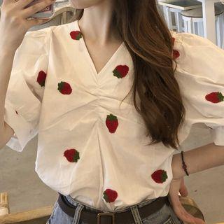 V-neck Shirred Front Embroidered Top